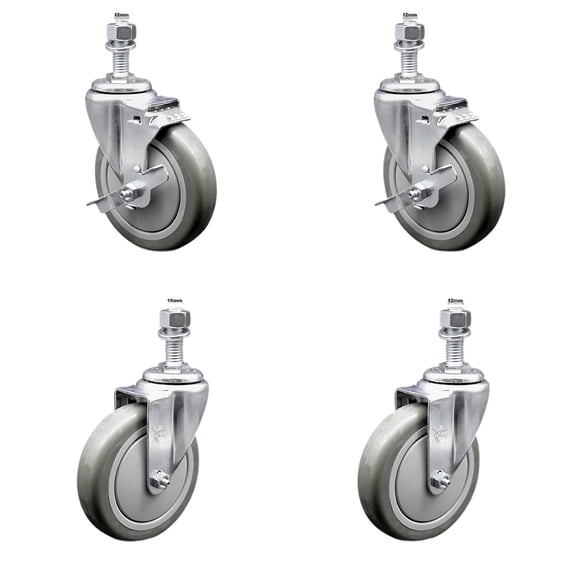 5 Inch SS Gray Polyurethane Swivel 12mm Threaded Stem Caster Set 2 Brake SCC