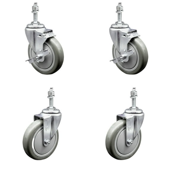 5 Inch SS Gray Polyurethane Swivel 3/8 Inch Threaded Stem Caster Set 2 Brake SCC