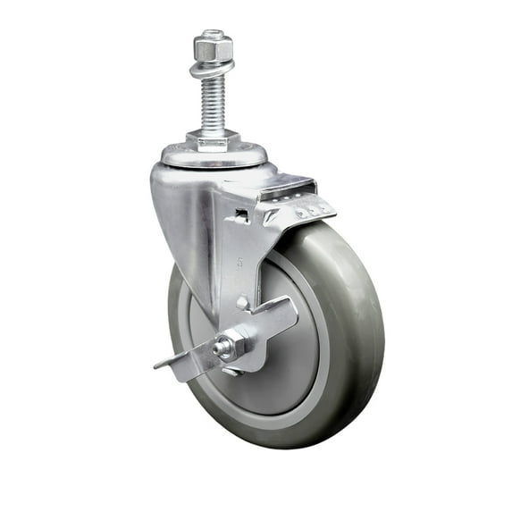 5 Inch SS Gray Polyurethane Swivel 3/8 Inch Threaded Stem Caster with Brake SCC