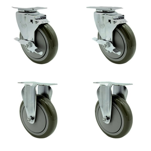 5 Inch SS Gray Polyurethane Top Plate Caster Set with 2 Brake 2 Rigid SCC