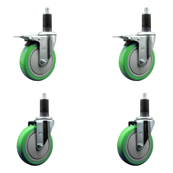 5 Inch SS Green Poly Swivel 1-1/4 Inch Expanding Stem Caster Set 2 Brakes