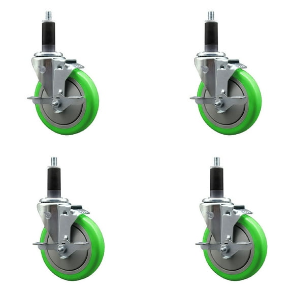 5 Inch SS Green Poly Swivel 1-1/8 Inch Expanding Stem Caster Set with Brake SCC