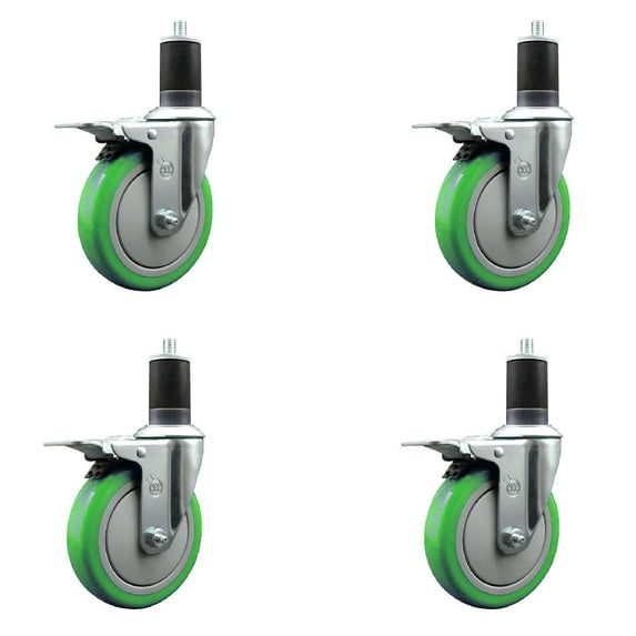 5 Inch SS Green Poly Swivel 1-5/8 Inch Expanding Stem Caster Set Total Lck Brake