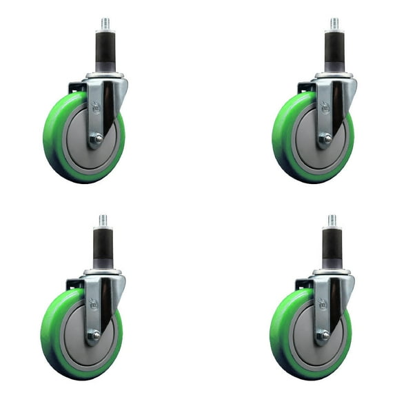 5 Inch SS Green Poly Wheel Swivel 1-1/4 Inch Expanding Stem Caster Set SCC