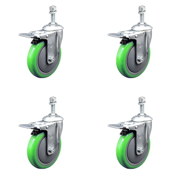 5 Inch SS Green Polyurethane 10mm Threaded Stem Caster Set Total Lock Brake