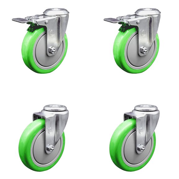 5 Inch SS Green Polyurethane Swivel Bolt Hole Caster Set with 2 Total Lock Brake