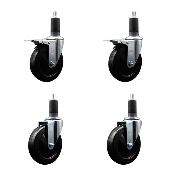 5 Inch SS Hard Rubber Swivel 1-1/4 Inch Expand Stem Caster Set 2 Brakes