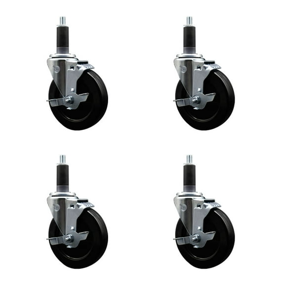 5 Inch SS Hard Rubber Swivel 1-1/8 Inch Expanding Stem Caster Set with Brake SCC