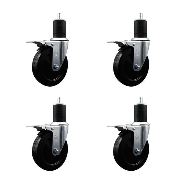 5 Inch SS Hard Rubber Swivel 1-3/4 Inch Expand Stem Caster Set Total Lock Brake