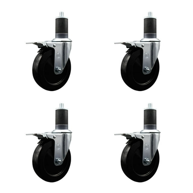5 Inch SS Hard Rubber Swivel 1-5/8 Inch Expand Stem Caster Set Total Lock Brake