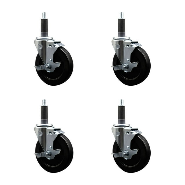 5 Inch SS Hard Rubber Swivel 1 Inch Expanding Stem Caster Set with Brake SCC