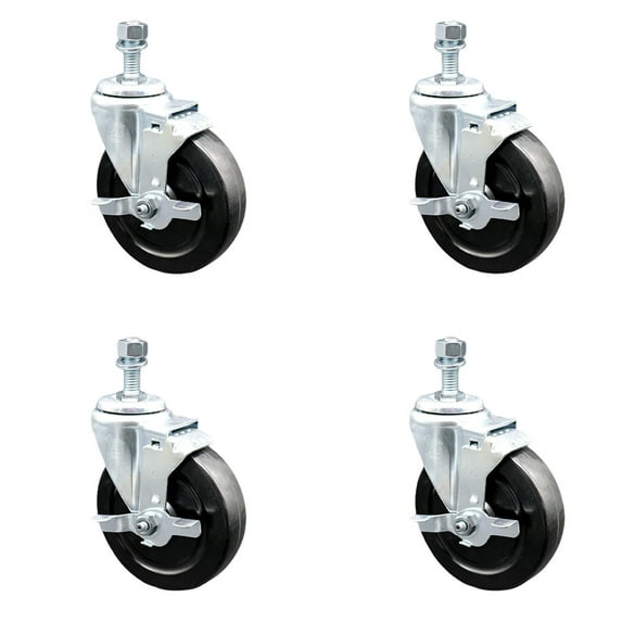 5 Inch SS Hard Rubber Wheel Swivel 3/8 Inch Threaded Stem Caster Set Brake SCC