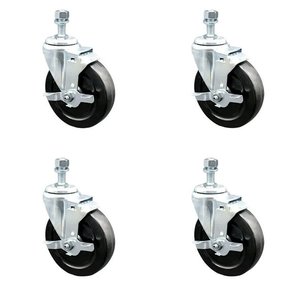 5 Inch SS Hard Rubber Wheel Swivel ½ Inch Threaded Stem Caster Set Brake SCC