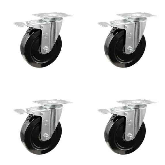 5 Inch SS Hard Rubber Wheel Swivel Top Plate Caster Set with Total Lock Brake