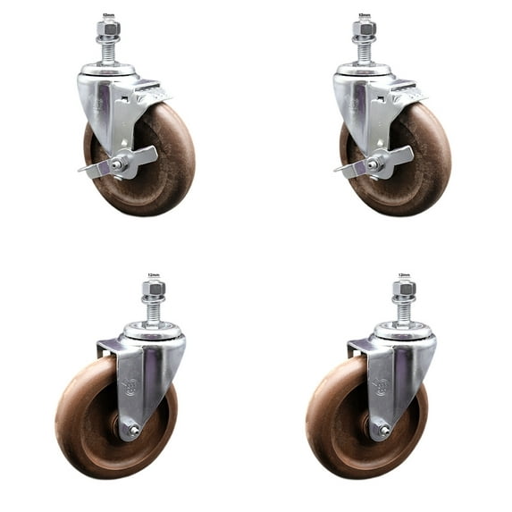 5 Inch SS High Temp Glass Filled Nylon 12mm Threaded Stem Caster Set 2 Brake