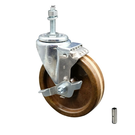 5 Inch SS High Temp Phenolic Swivel 3/8 Inch Threaded Stem Caster with Brake SCC