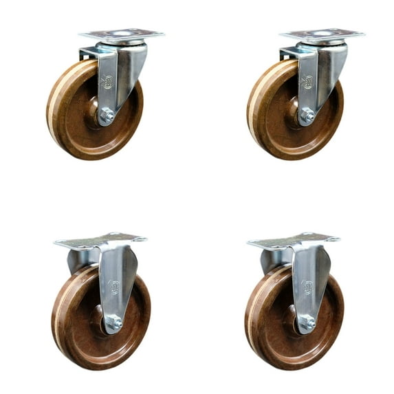 5 Inch SS High Temp Phenolic Swivel Top Plate Caster Set with 2 Rigid SCC