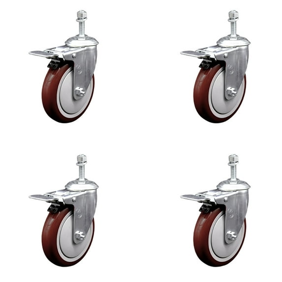 5 Inch SS Maroon Polyurethane 10mm Threaded Stem Caster Set Total Lock Brake
