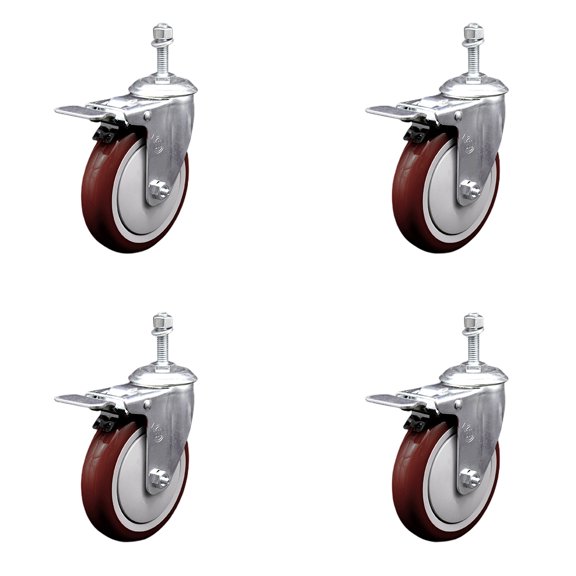 5 Inch SS Maroon Polyurethane 3/8 Inch Threaded Stem Caster Set Total Lock Brake