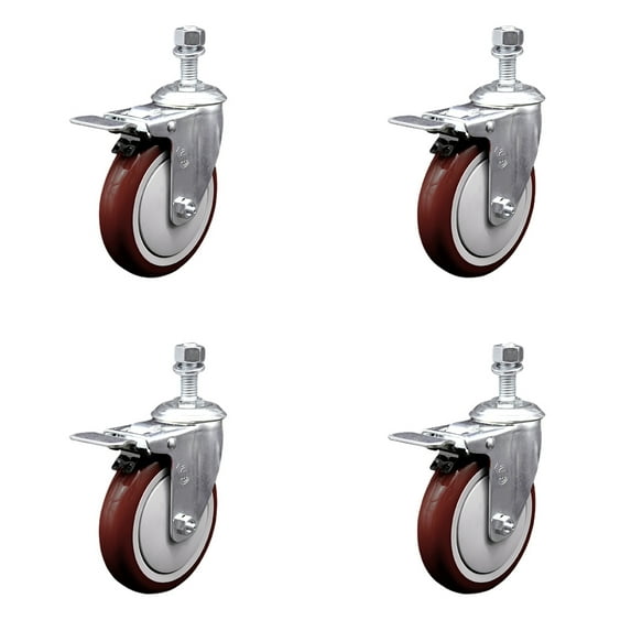5 Inch SS Maroon Polyurethane ½ Inch Threaded Stem Caster Set Total Lock Brake