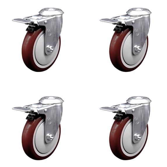 5 Inch SS Maroon Polyurethane Swivel Bolt Hole Caster Set with Total Lock Brake