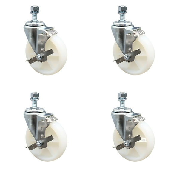 5 Inch SS Nylon Wheel Swivel 3/8 Inch Threaded Stem Caster Set Brake SCC