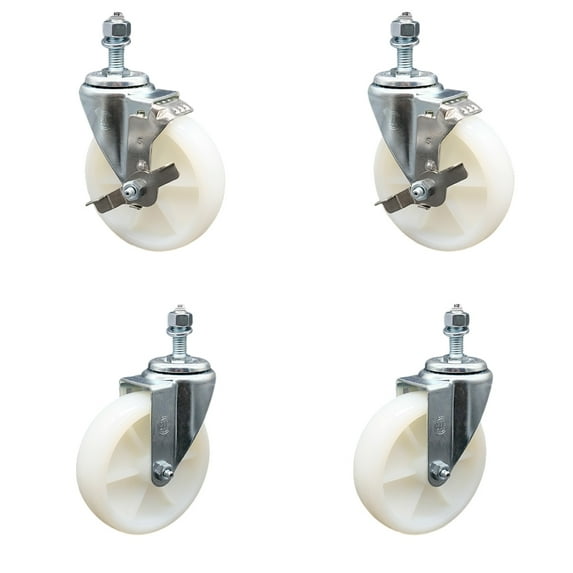 5 Inch SS Nylon Wheel Swivel ½ Inch Threaded Stem Caster Set 2 Brakes SCC