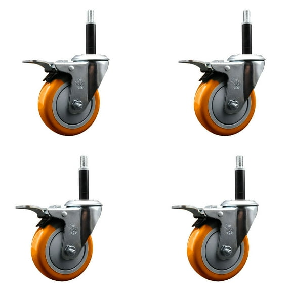 5 Inch SS Orange Poly Swivel 3/4 Inch Expanding Stem Caster Set 2 Brake