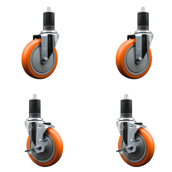 5 Inch SS Orange Poly Wheel Swivel 1-5/8 Inch Expanding Stem Caster Set 2 Brakes