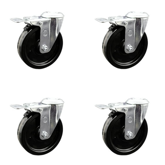 5 Inch SS Phenolic Wheel Swivel Bolt Hole Caster Set with Total Lock Brake SCC