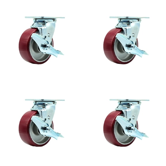 5 Inch SS Poly on Aluminum Caster Set with Delrin Bearings 4 Brake 2 Swivel Lock