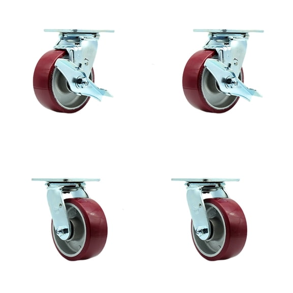 5 Inch SS Poly on Aluminum Caster Set with Delrin Bearings 4 Swivel Lock 2 Brake