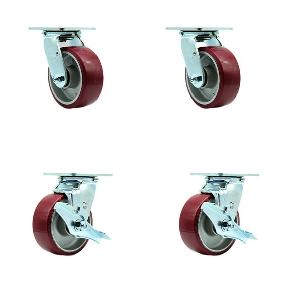 5 Inch SS Poly on Aluminum Swivel Caster Set with Roller Bearings 2 Brakes SCC