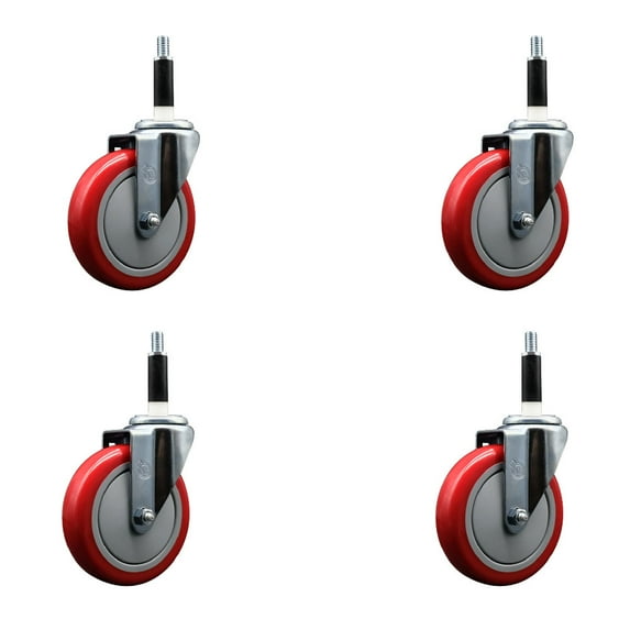 5 Inch SS Red Poly Wheel Swivel 7/8 Inch Expanding Stem Caster Set SCC
