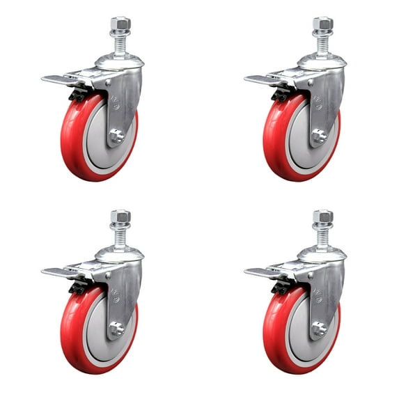5 Inch SS Red Polyurethane ½ Inch Threaded Stem Caster Set Total Lock Brake