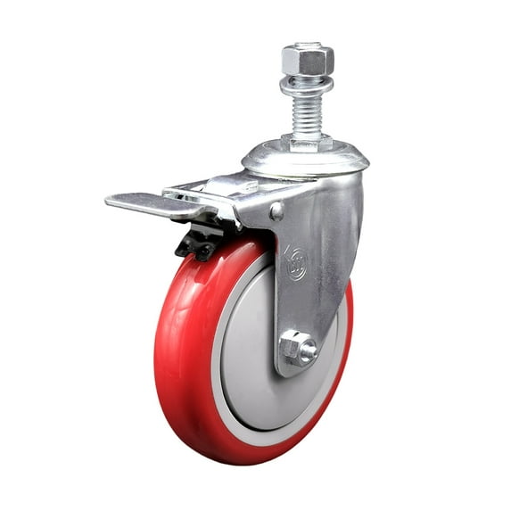 5 Inch SS Red Polyurethane ½ Inch Threaded Stem Caster with Total Lock Brake
