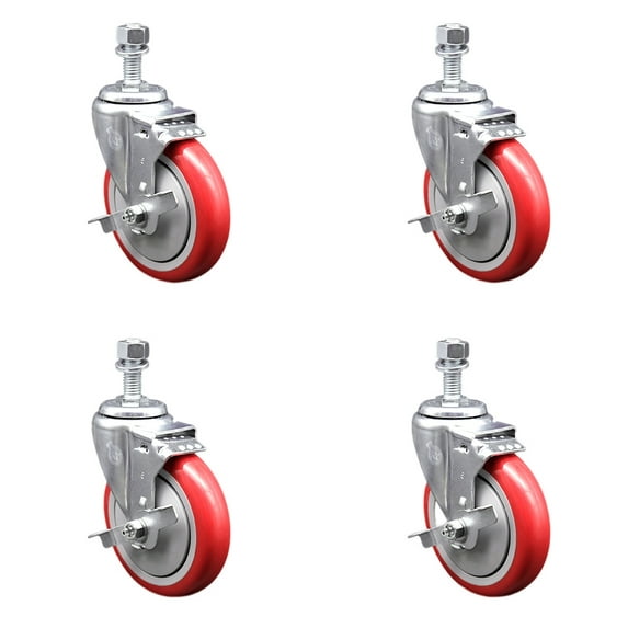 5 Inch SS Red Polyurethane Swivel 12mm Threaded Stem Caster Set Brake SCC