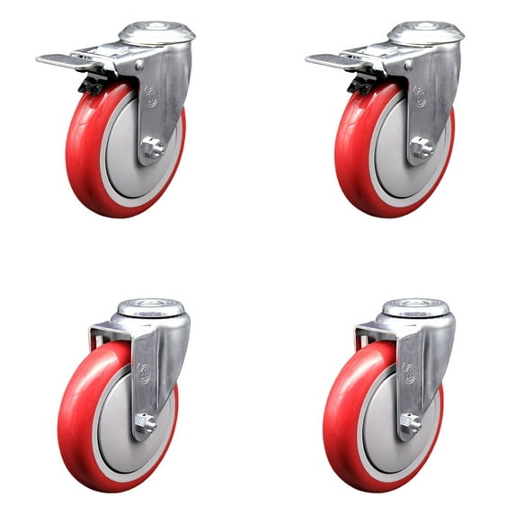 5 Inch SS Red Polyurethane Swivel Bolt Hole Caster Set with 2 Total Lock Brake