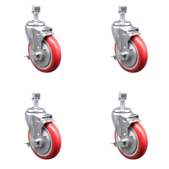 5 Inch SS Red Polyurethane Wheel Swivel ½ Inch Threaded Stem Caster Set Brake