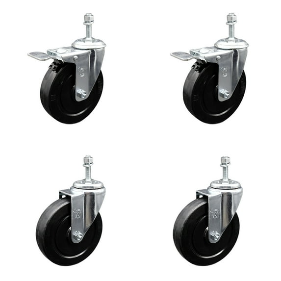 5 Inch SS Soft Rubber 3/8 Inch Threaded Stem Caster Set 2 Total Lock Brake SCC
