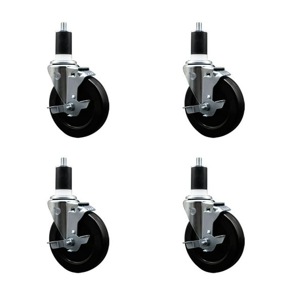 5 Inch SS Soft Rubber Swivel 1-1/2 Inch Expanding Stem Caster Set with Brake SCC