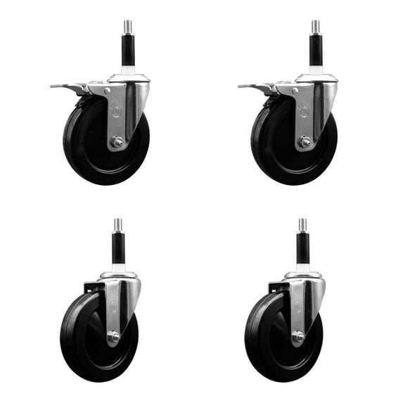 5 Inch SS Soft Rubber Swivel 7/8 Inch Expanding Stem Caster Set 2 Brake