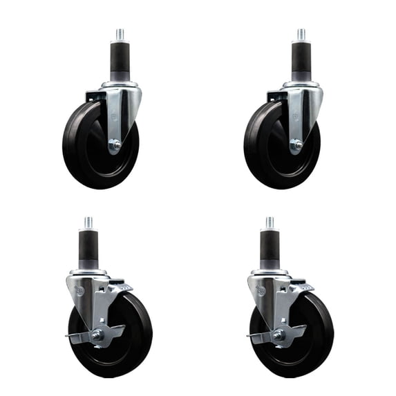 5 Inch SS Soft Rubber Wheel Swivel 1-1/4 Inch Expanding Stem Caster Set 2 Brakes