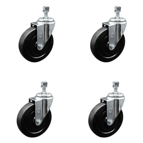5 Inch SS Soft Rubber Wheel Swivel 12mm Threaded Stem Caster Set SCC