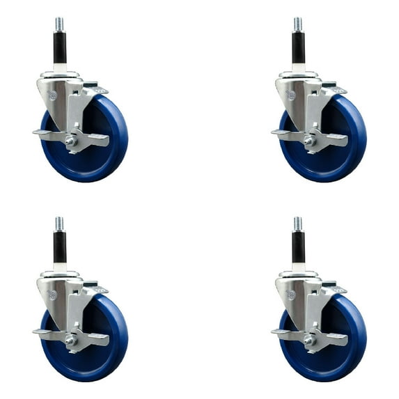 5 Inch SS Solid Poly Swivel 7/8 Inch Expanding Stem Caster Set with Brake SCC