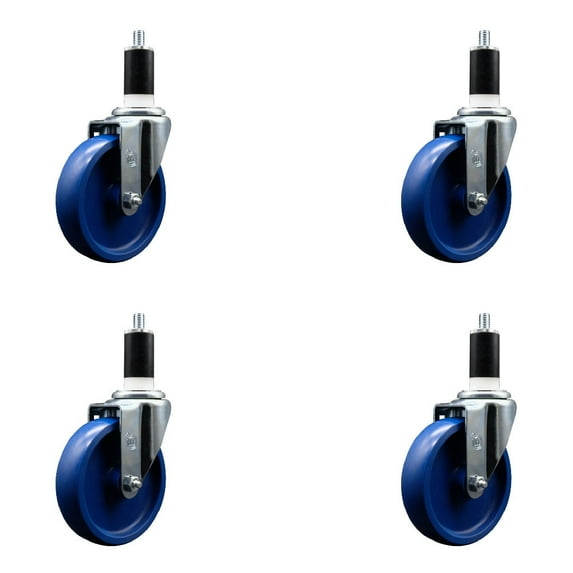 5 Inch SS Solid Poly Wheel Swivel 1-3/4 Inch Expanding Stem Caster Set SCC