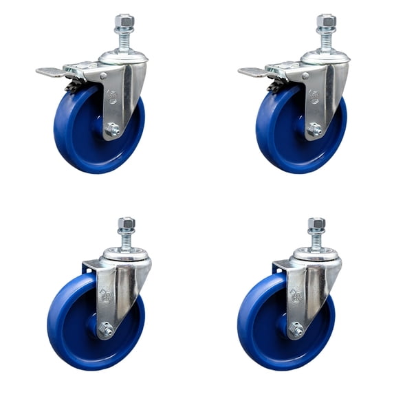 5 Inch SS Solid Polyurethane ½ Inch Threaded Stem Caster Set 2 Total Lock Brake