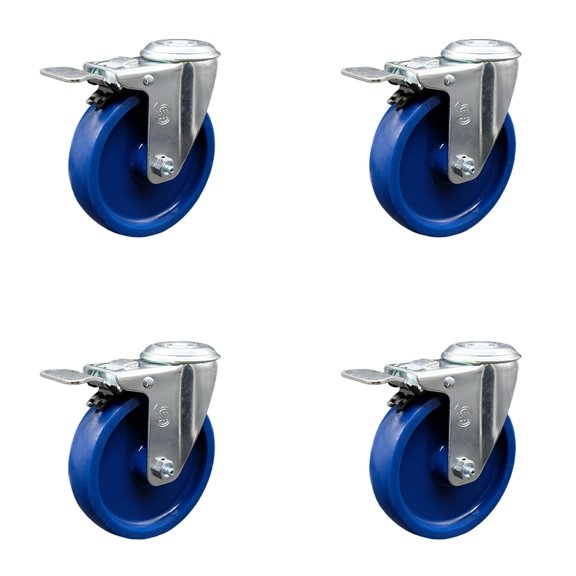 5 Inch SS Solid Polyurethane Swivel Bolt Hole Caster Set with Total Lock Brake