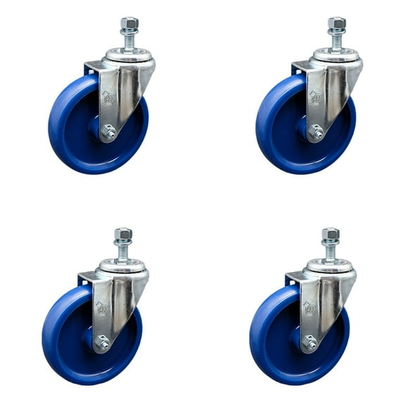 5 Inch SS Solid Polyurethane Wheel Swivel 3/8 Inch Threaded Stem Caster Set SCC
