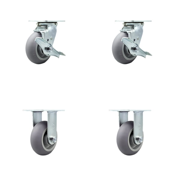 5 Inch SS TPR Donut Tread Caster Set with Delrin Bearings 2 Brakes 2 Rigid SCC